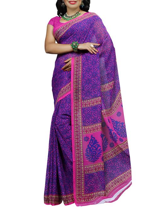 purple printed saree with blouse - 14166599 - Very Small Image - 1