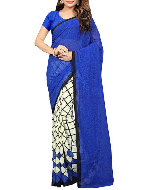 blue georgette printed saree with blouse - 14166606 - Very Small Image - 1
