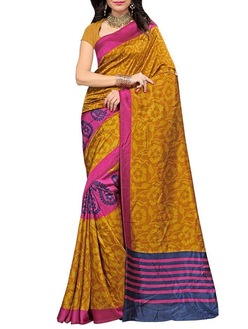 mustard silk printed saree with blouse - 14166661 - Very Small Image - 1