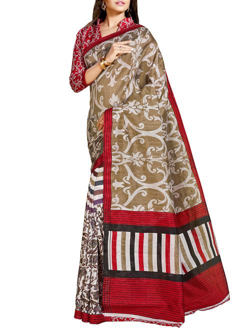 beige silk printed saree with blouse - 14166680 - Very Small Image - 1