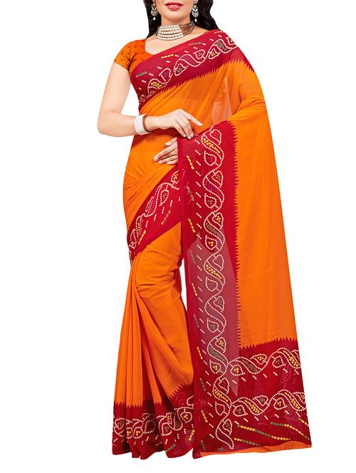 orange bandhani saree with blouse - 14166694 - Very Small Image - 1