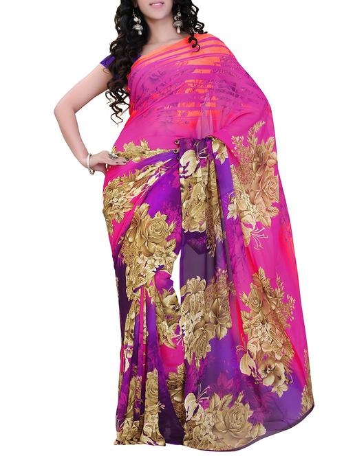 pink printed saree with blouse - 14166737 - Very Small Image - 1
