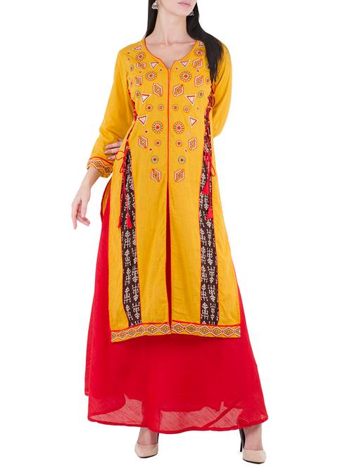 yellow cotton straight kurta - 14169936 - Very Small Image - 1