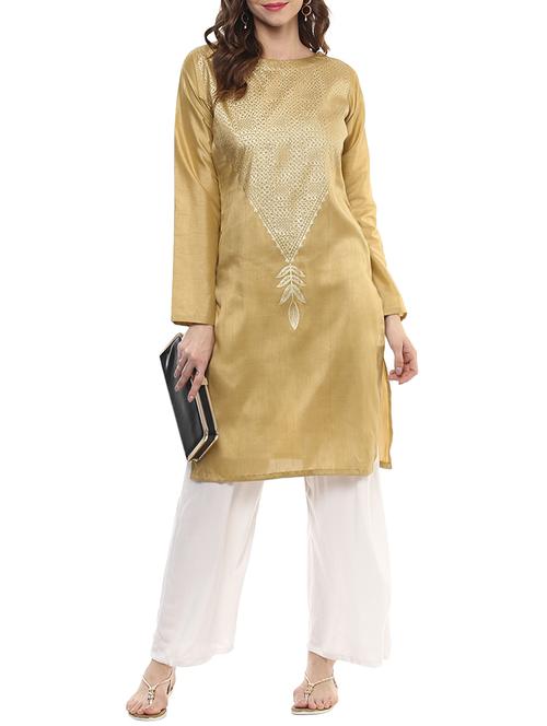 beige silk blend straight kurta - 14170273 - Very Small Image - 1