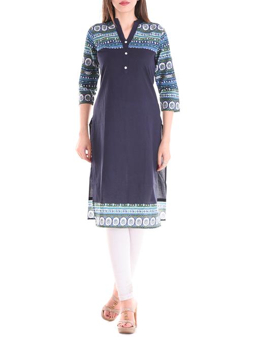 blue cotton straight kurta - 14170678 - Very Small Image - 1