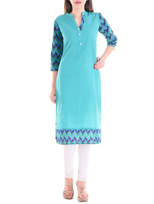 turquoise cotton straight kurta - 14170688 - Very Small Image - 1