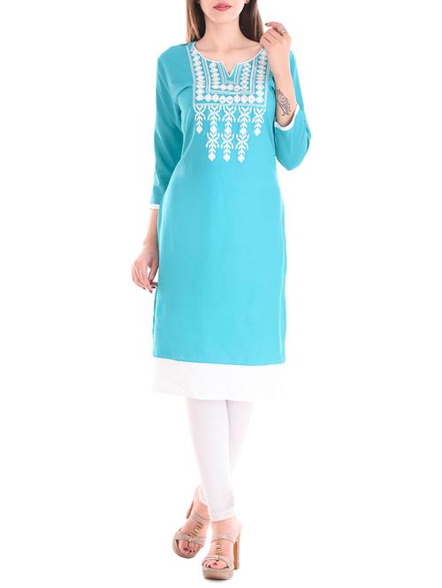 turquoise rayon straight kurta - 14170689 - Very Small Image - 1