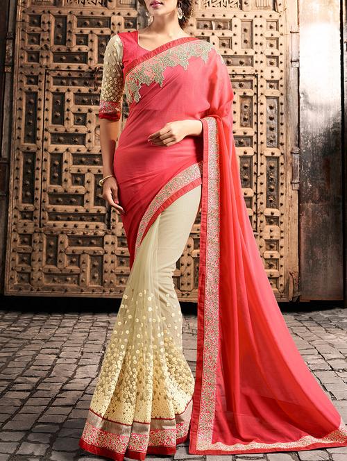 pink & beige half & half saree with blouse - 14172036 - Very Small Image - 1