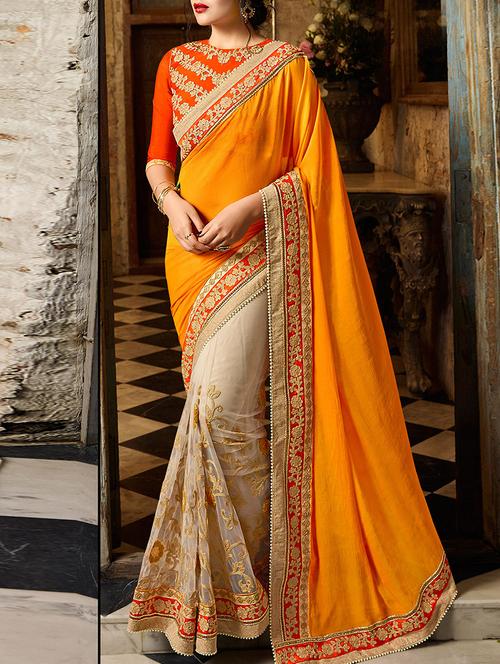 orange & beige half and half saree - 14172048 - Very Small Image - 1