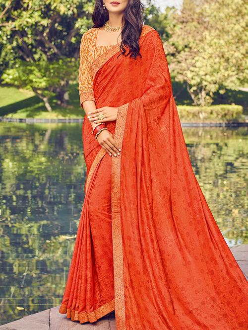 orange satin printed saree - 14172054 - Very Small Image - 1