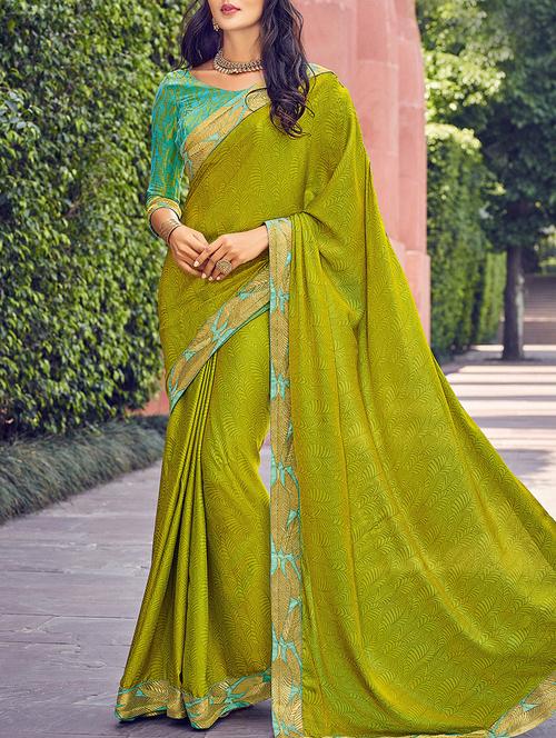 green satin printed saree - 14172058 - Very Small Image - 1