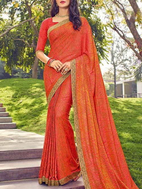 orange cotton printed saree - 14172060 - Very Small Image - 1