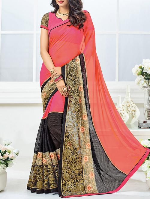 pink & black embroidered saree with blouse - 14172063 - Very Small Image - 1