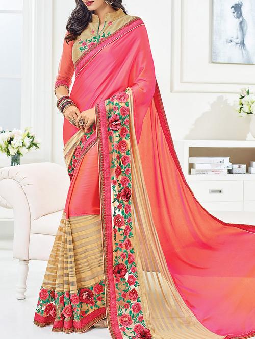 pink & beige embroidered saree - 14172067 - Very Small Image - 1