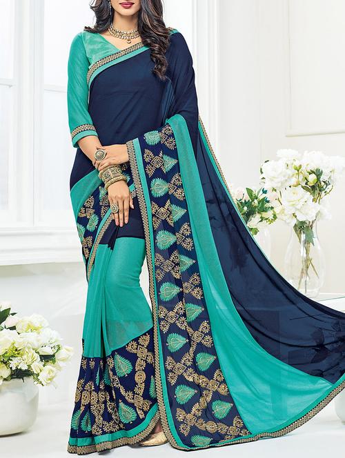 blue embroidered saree with blouse - 14172071 - Very Small Image - 1