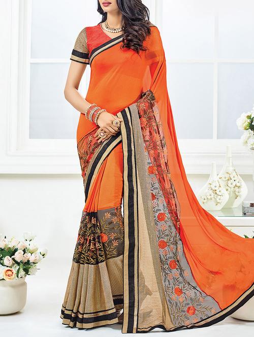 orange embroidered saree with blouse - 14172073 - Very Small Image - 1