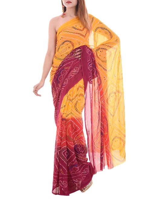 yellow crepe bandhani saree with blouse - 14174679 - Very Small Image - 1