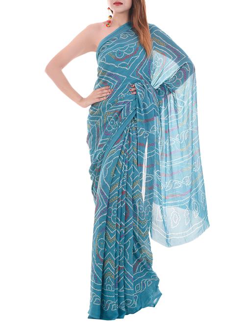 turquoise crepe bandhani saree with blouse - 14174680 - Very Small Image - 1