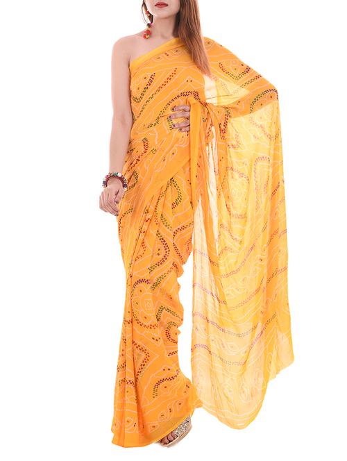 yellow crepe bandhani saree with blouse - 14174683 - Very Small Image - 1