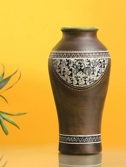 'an earthern vessel' urn shaped warli terracotta vase in natural mud brown - 14175911 - Very Small Image - 1