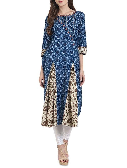 blue cotton flared kurta - 14180094 - Very Small Image - 1
