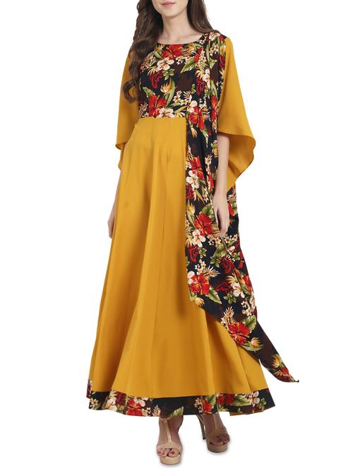mustard poly crepe flared kurta - 14180127 - Very Small Image - 1