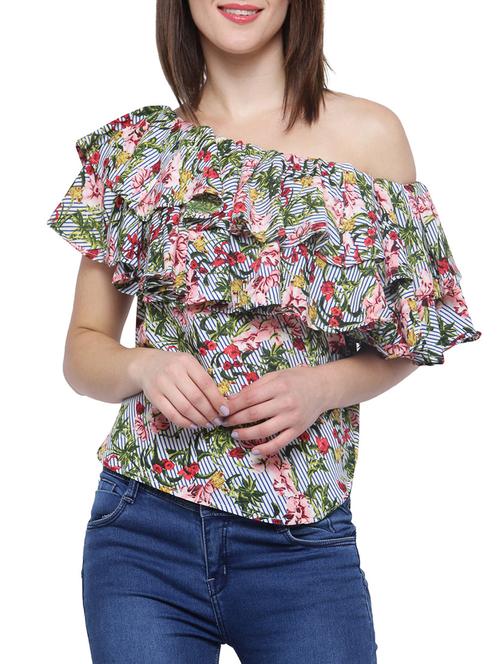 floral single shoulder ruffle top - 14183511 - Very Small Image - 1
