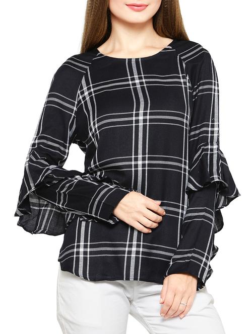 checkered ruffle sleeved top - 14183536 - Very Small Image - 1