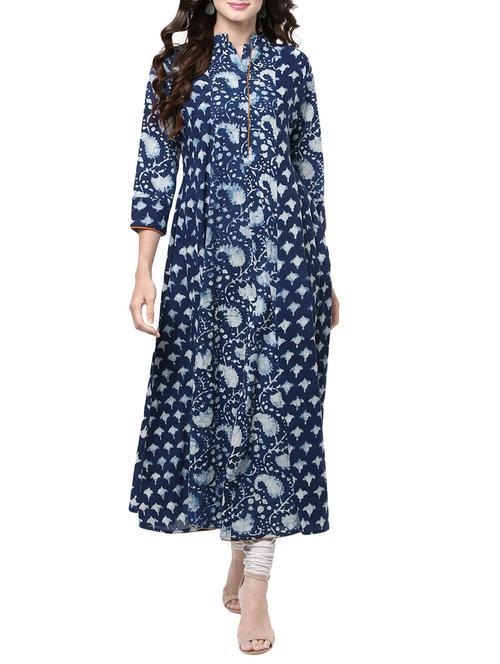 indigo cotton flared kurta - 14183589 - Very Small Image - 1