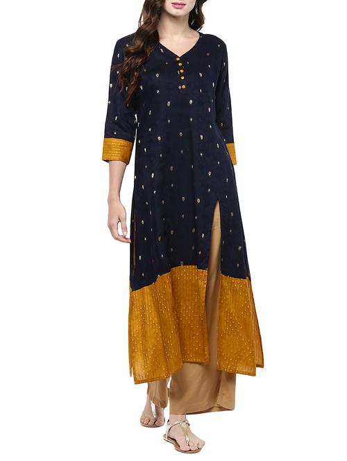 blue cotton a-line kurta - 14183590 - Very Small Image - 1