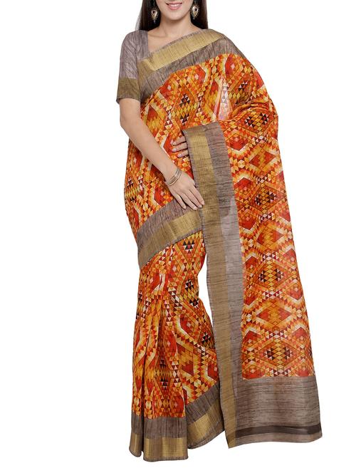 orange tussar silk printed saree with blouse - 14191728 - Very Small Image - 1