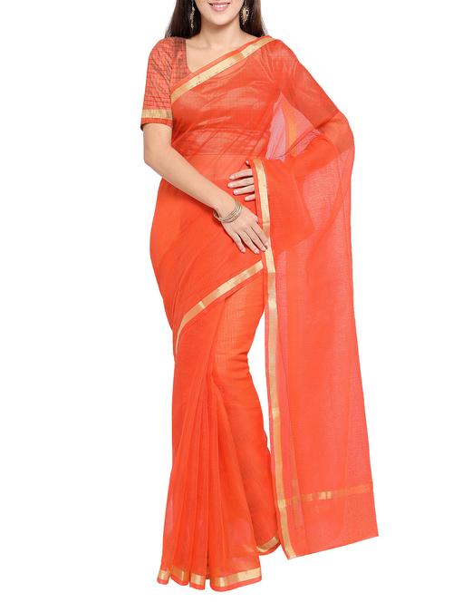 orange cotton plain saree with blouse - 14191729 - Very Small Image - 1