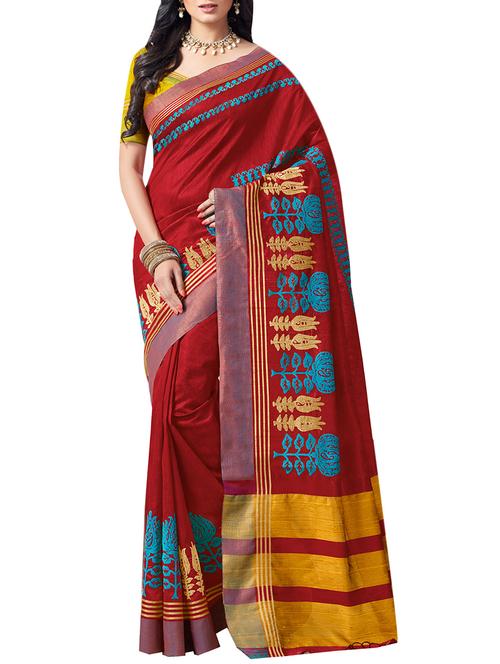 red embroidered raw silk saree with blouse - 14192087 - Very Small Image - 1