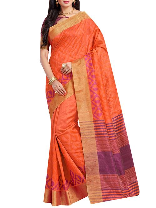 orange raw silk woven saree with blouse - 14192169 - Very Small Image - 1
