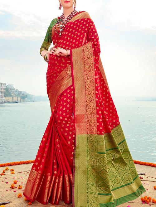 red silk banarasi saree with blouse - 14192253 - Very Small Image - 1
