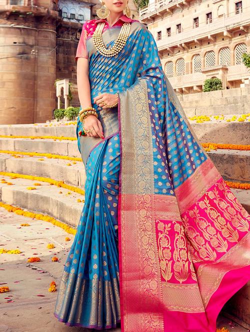blue silk banarasi saree with blouse - 14192254 - Very Small Image - 1