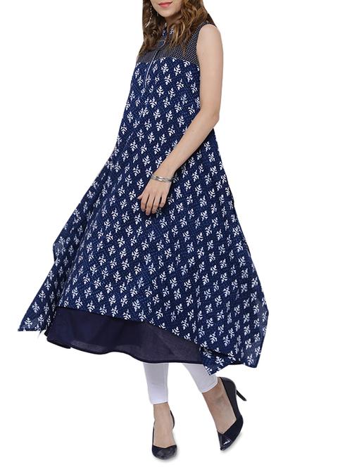 indigo printed flared kurta - 14193242 - Very Small Image - 1