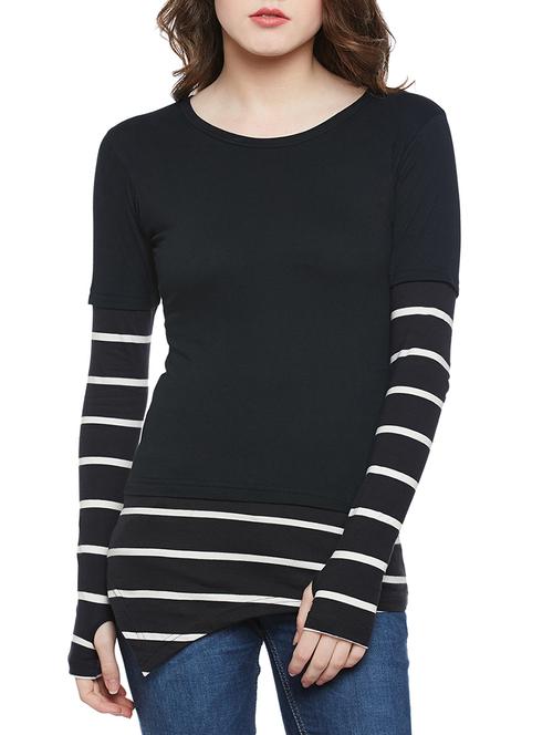 thumb hole sleeved striped tee - 14195601 - Very Small Image - 1