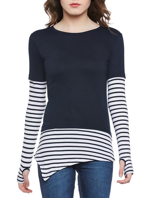 thumb hole sleeved striped top - 14195602 - Very Small Image - 1