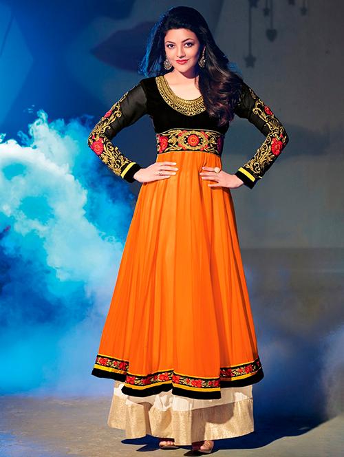 orange georgette embroidered dress material (unstitched) - 14196359 - Very Small Image - 1