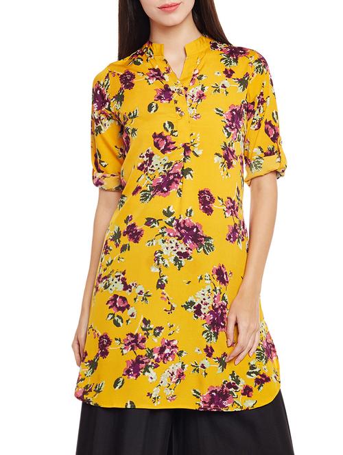 yellow crepe printed straight kurti - 14206339 - Very Small Image - 1