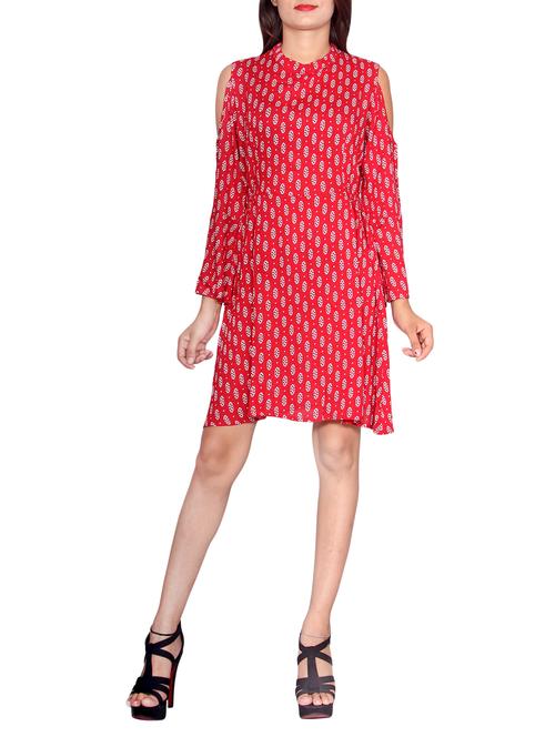 red printed rayon a-line dress - 14209747 - Very Small Image - 1