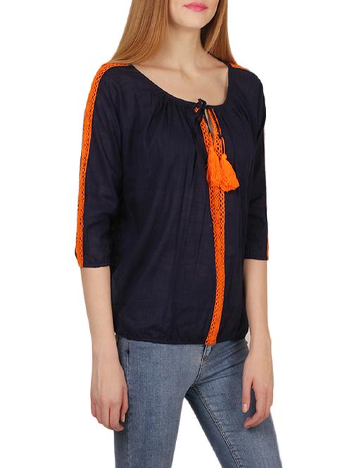 contrast lace tie up neck top - 14210228 - Very Small Image - 1