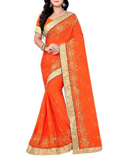 orange silk blend embroidered saree - 14210366 - Very Small Image - 1