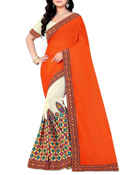 orange georgette embroidered half & half saree - 14210371 - Very Small Image - 1