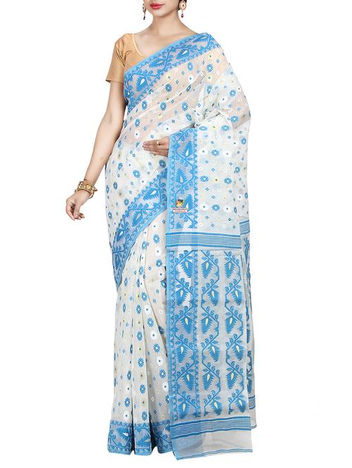 white cotton silk jamdani saree - 14211064 - Very Small Image - 1