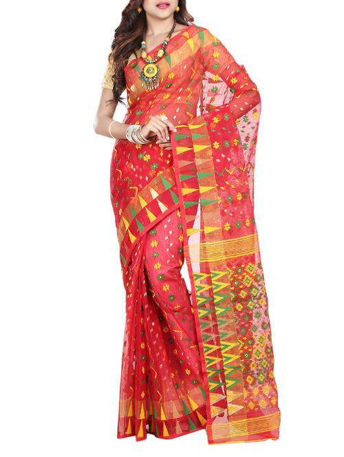 red cotton silk jamdani saree - 14211070 - Very Small Image - 1