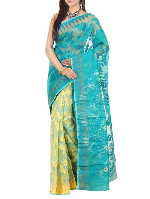 turquoise cotton silk jamdani saree - 14211084 - Very Small Image - 1