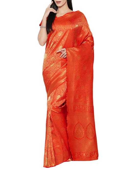 orange silk blend kanjivaram saree with blouse - 14211667 - Very Small Image - 1