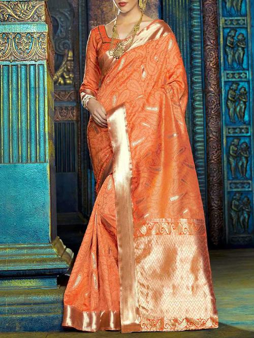 orange silk blend kanjivaram saree with blouse - 14211669 - Very Small Image - 1